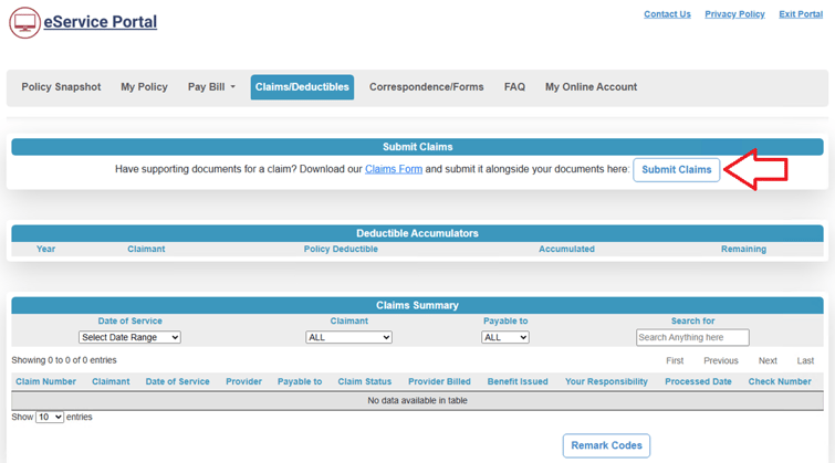 Claims/Deductibles page of eService Portal