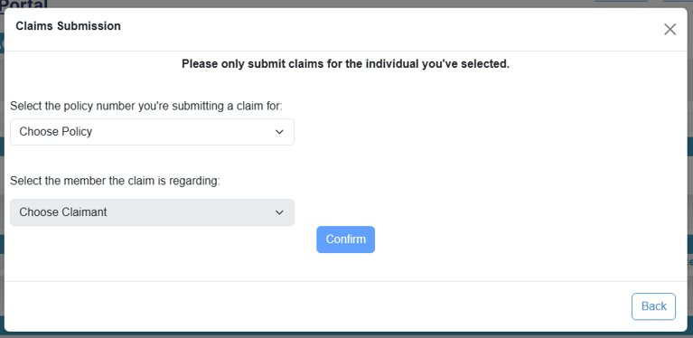 Claimant Selection Page of Online Claims Submission Process